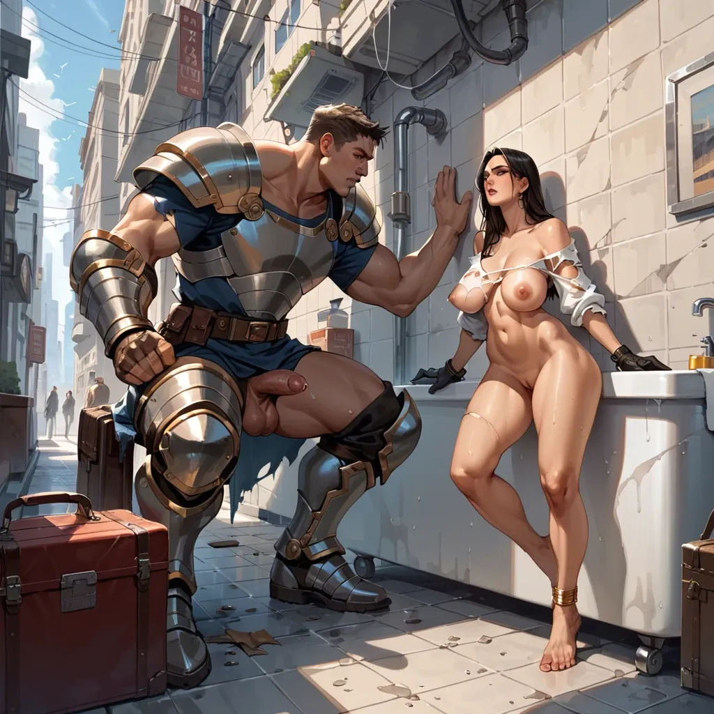 1girl,1boy, , , , balls on nose,hand on wall,saggy breasts,thick hips,off-shoulder, shirt torn off,gold anklets,gloves,undersized bra,armored boots, bathtub, street, spaceship, luggage, ultradetailed, bright-lit room, mari makinami