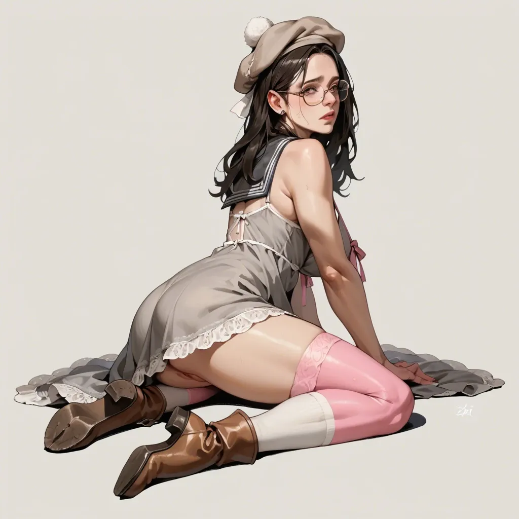 1girl,solo, , , , arching back,hooves feet,saggy breasts,look back,light skin, nightgown,pink stockings,circle glasses,gray sports bra,brown boots, medieval dress,white socks,sailor hat,teddy,gothic boots, black dress,ice palace,blue gloves,no panties,thigh boots, couch, train, cyberpunk, on desk, desk, realistic girl, bright light, zelda sd, wonder woman, ariel waifu