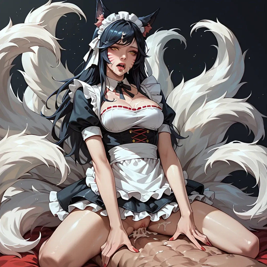 Ahri, maid uniform, sittin on top, crempie, cum in face