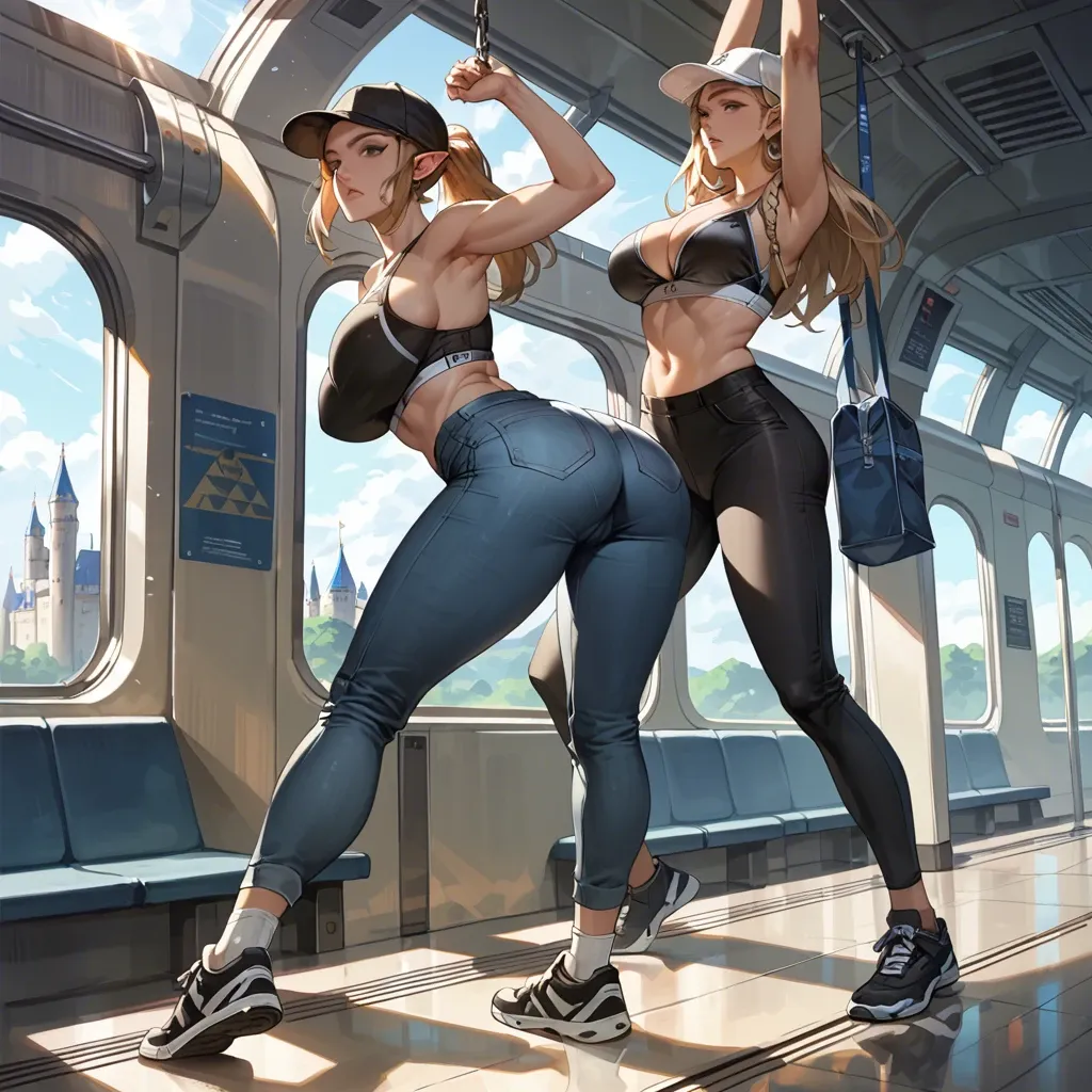 2girl, , , , stretching ass,thick legs,big breast,abdominal,black-skinned, tight jeans,knee socks,sports cap,black bra,black sneakers, bare midriff, train, castle, anime artwork, sunlight, princess zelda, spider-gwen