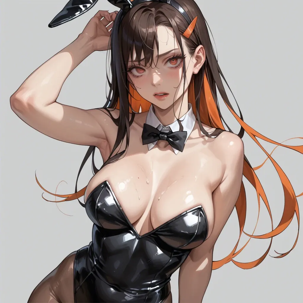 (Nezuko), (20 years old), (Sexy Face), (seductive face), (Thick body), (sexy Playboy bunny), (playboy leotard), (bare shoulders), (bare arms), (seducing the viewer)