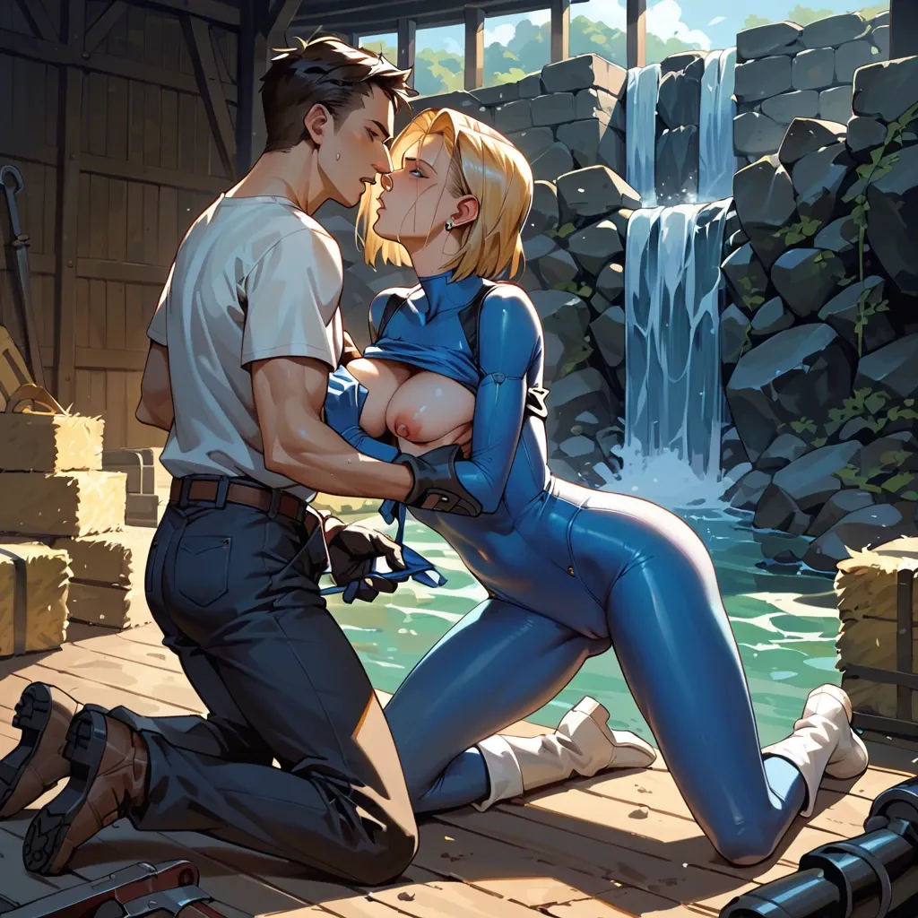 1girl,1boy, , , , nose ring,legs tied,perky breast,holding breasts,kneeling slut, pull shirt,knee-high socks,blue gloves,bodysuit,white boots, barn, waterfall, dungeon, android 18, western cartoon, bright-lit, wonder woman, rapunzel waifu