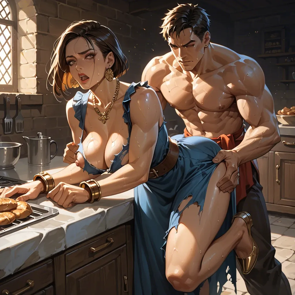 1girl,1boy, , , , dark pupils,hands down,large breasts,dark background,sweaty skin, medieval dress,gold necklace,big earrings,open torn bra,shoes, kitchen, street fighter, medieval, smartwatch, ultradetailed, dark brown eyes, linked collars, jasmine, miku hatsune