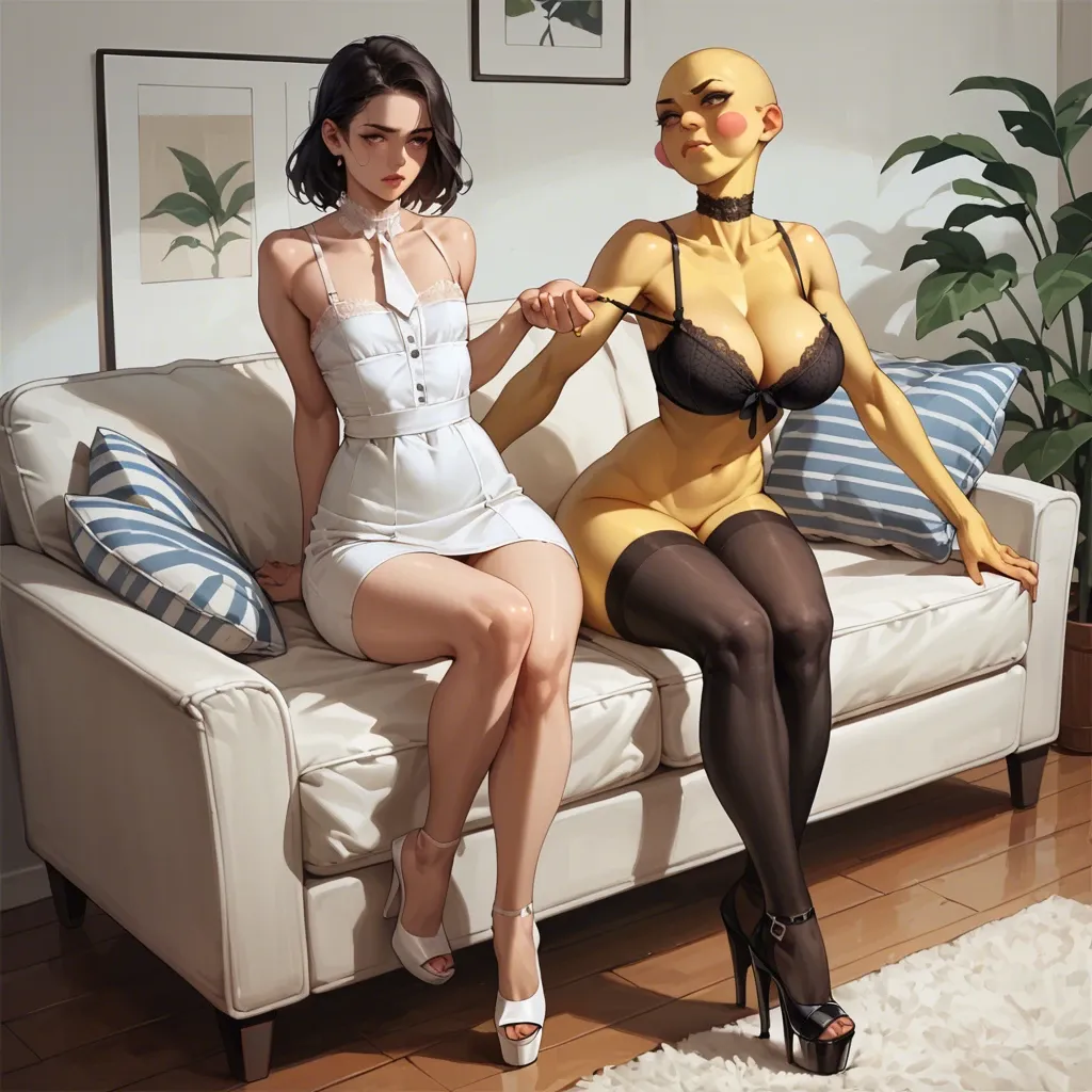 2girl, , , , spread cheeks,black leggings,flat chest,pec,yellow skin, arching back,thigh gap,huge breasts,arched back,off shoulders, sundress,lace choker,tie,lace bra,platform heels, couch, in the river, cyberpunk, cartoon, bright, elsa, sailor moon