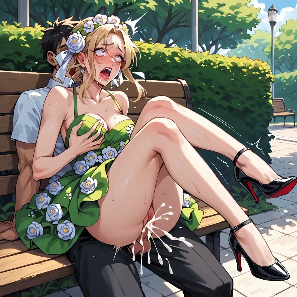 Park bench sex, teen sex, high heels, surprised, Japanese , flower dress, creampie,ahegeo ,anime style, blush ,drool, rolling eyes crossed,leg shaking orgasm, unusual pupils , screaming