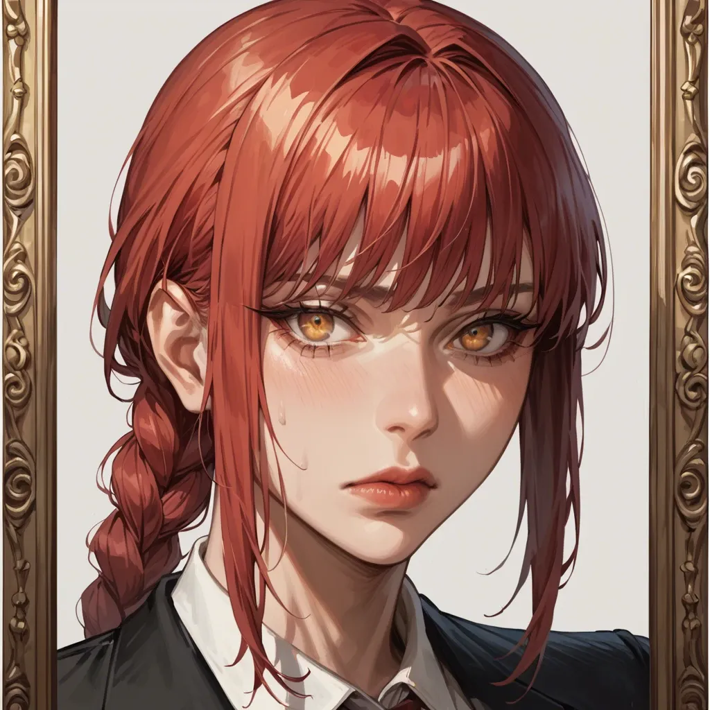 Futanari Makima Delicate face with fair skin, Intense amber eyes with fine rings around the iris., Long red hair, tied in a braid., Bangs slightly parted in the middle, framing the face., ExpressionBig balls, big veiny cock, big thick veined cock,Standing ,Looking at the viewer