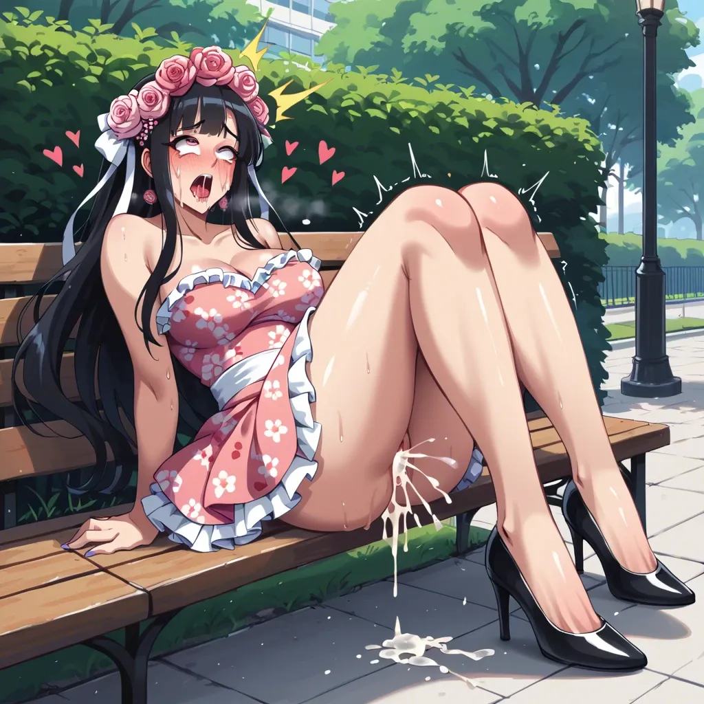 Park bench sex, teen sex, high heels, surprised, Japanese , flower dress, creampie,ahegeo ,anime style, blush ,drool, rolling eyes crossed,leg shaking orgasm, unusual pupils , screaming