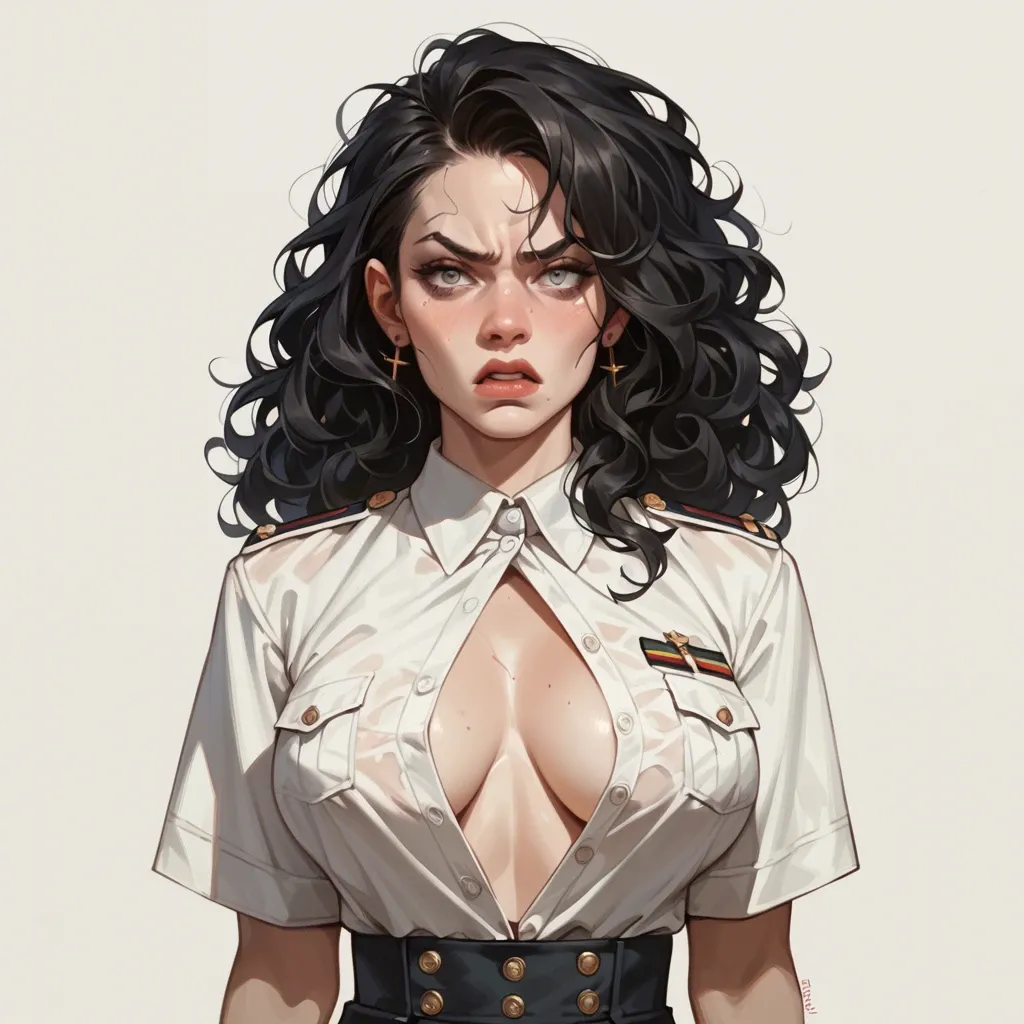 long curly black hair and big natural bust and fair skin.She was wearing a uniform skirt with a white shirt without bra.her name was annie.She was a tsundere.