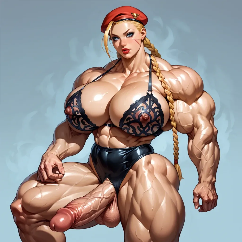 Cammy, Hyper bodybuilding female, hyper muscular trapèze, hyper muscular épaule, hyper musclar biceps, boobs, hyper muscular legs, hyper muscular mollet, female lingerie porte jarretelle bas latex, futa big cock, portrait