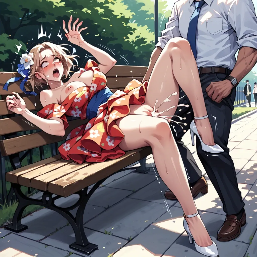 Park bench sex, teen sex, high heels, surprised, Japanese , flower dress, creampie,ahegeo ,anime style, blush ,drool, rolling eyes crossed,leg shaking orgasm, unusual pupils , screaming