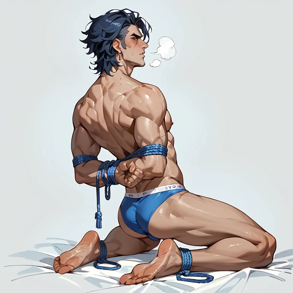 1boy,solo,,, kneeling, shirtless, arms tied behind back, bondage, irritated expression, dottore genshin impact, panties