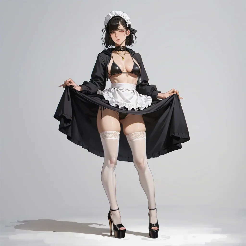 1girl,solo, , , , yellow eyes,wrists,round tits,clenched waist,knee-high, silk gown,gold necklace,maid hat,bikini top lift,platform heels, hoodie,white stockings,lace choker,black bikini,black boots, sweater lift,white pantyhose,long gloves,wet panties,gothic boots, bare feet, cyberpunk, princess peach, wonder woman, waifu