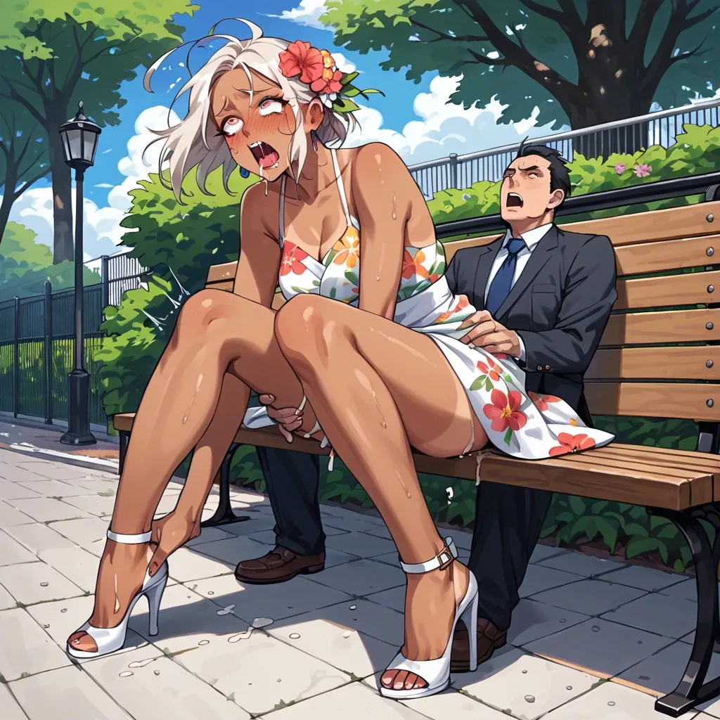 Park bench sex, teen, high heels, surprised, Japanese , flower dress, creampie,ahegeo ,anime style, blush ,drool, rolling eyes crossed,leg shaking orgasm, unusual pupils , screaming