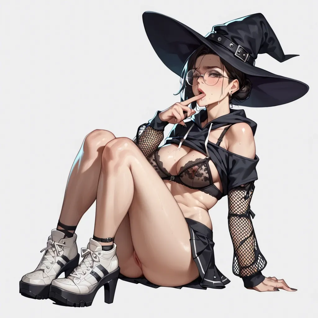 1girl,solo, , , , facial freckles,sucking finger,covered nipples,breasts too big,free shoulders, sweatshirt lift,laces,witch hat,pulled bra,white sneakers, mini skirt,fishnet sleeve,circle glasses,swimsuit,platform heels, kitchen, medieval dress, nami