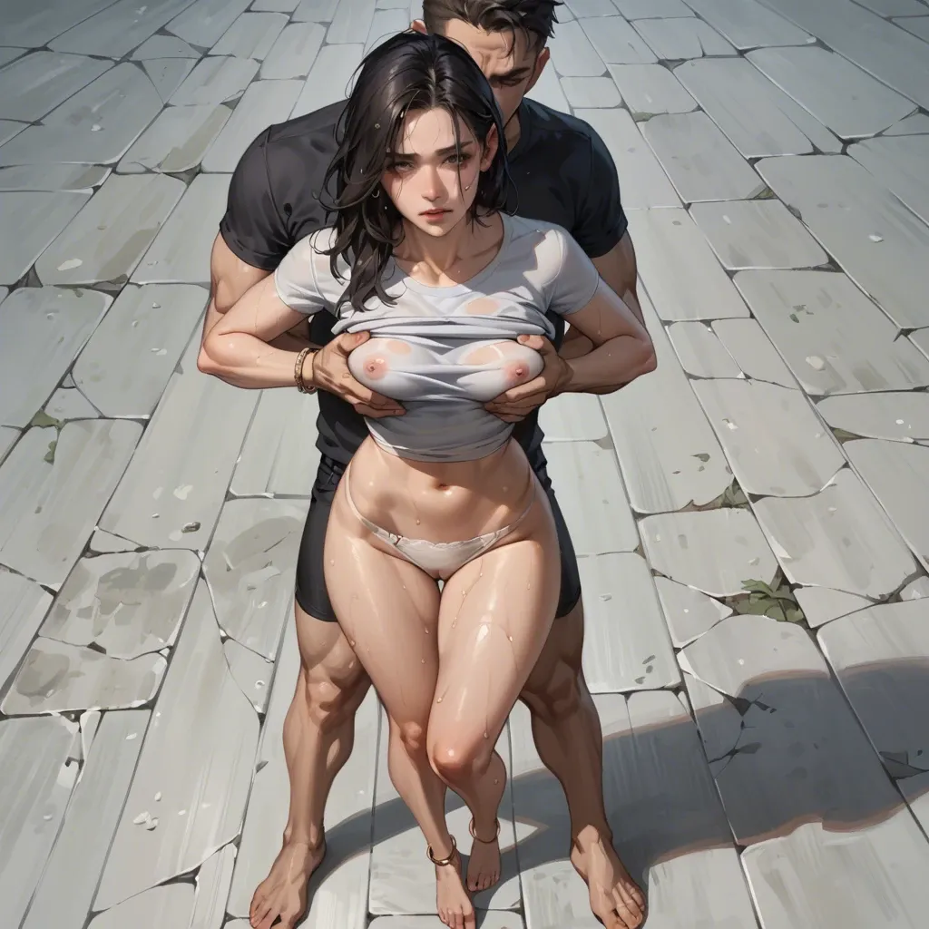 1girl,1boy, , , , cheeks,bodycam footage,medium tits,perfect breast,standing behind, fisheye view,skinny thighs,round boobs,big hips,knees apart, gray t-shirt,anklets,wet panties,wet bikini,shoes, pink crop top,lace tights,blue bowtie,leotard aside,white boots, bathroom stall, restrained, spaceship, sitting on desk, dynamic pose