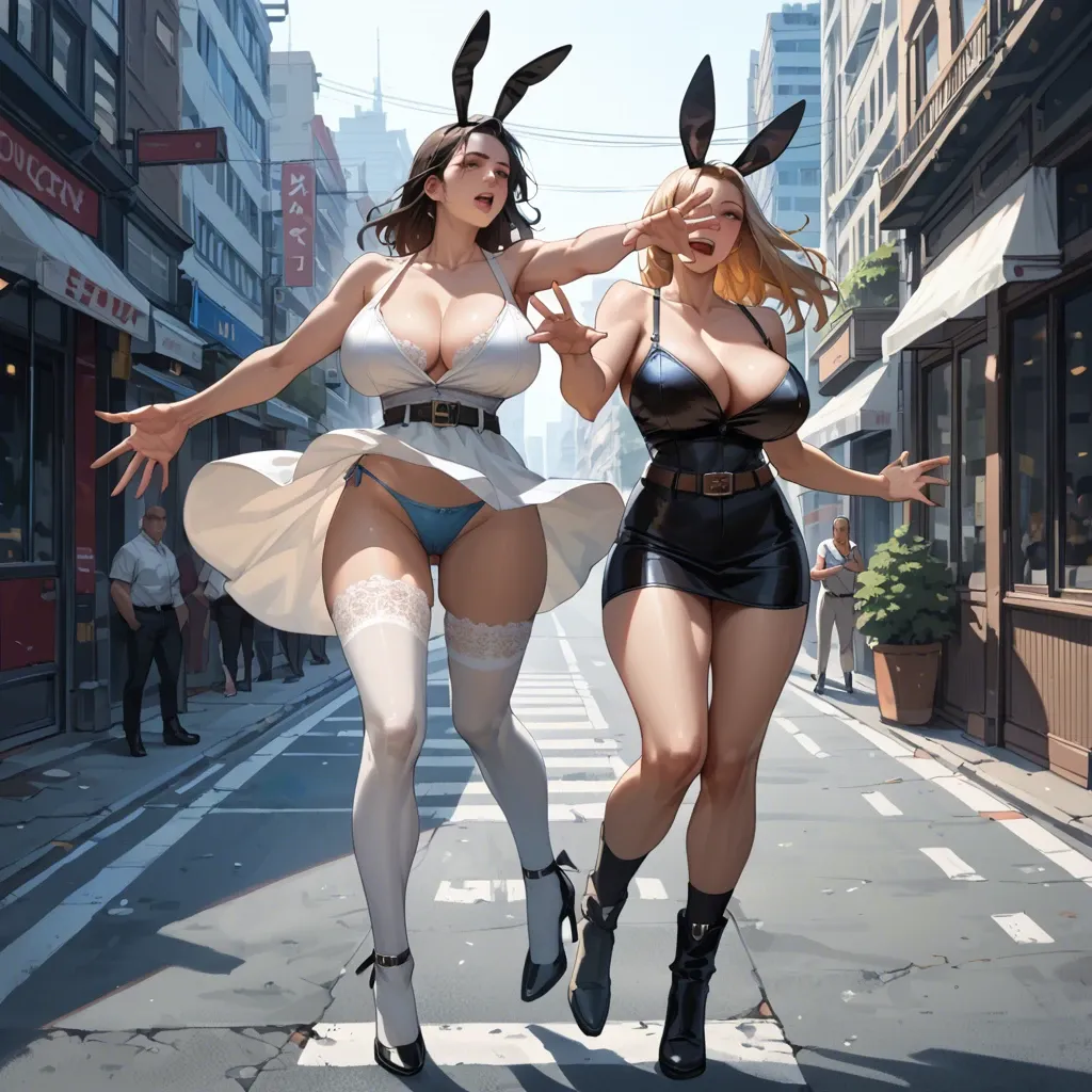 2girl, , , , reaching out,good hands,huge breasts,city background,joints, tank top,knee socks,belt,white panties,high heels, bunny costume,lace stockings,blue panties,bikini,black boots, sundress,white lace,belt,highleg panties,stiletto heels, bare navel, gardens, spaceship, tifa lockhart, spider-gwen