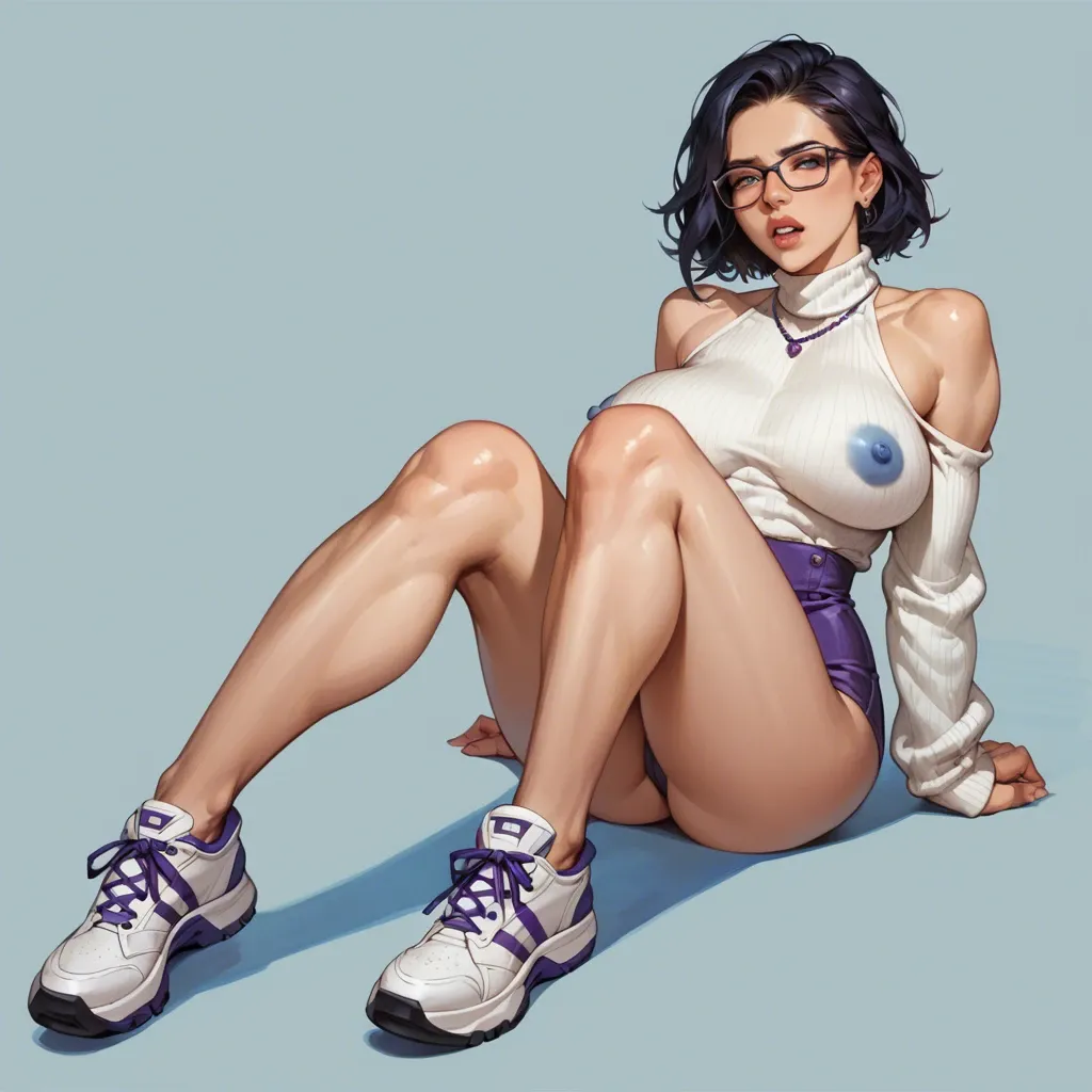 1girl,1boy, , , , puffy lips,ankles,blue nipples,narrow waist,purple necklace, teeth tight,fit legs,detail areola,backwards,free shoulders, white sweater,striped,glasses,thongs,shoes, sit on a couch, piledriver, spaceship, candid camera, zelda, ariel waifu