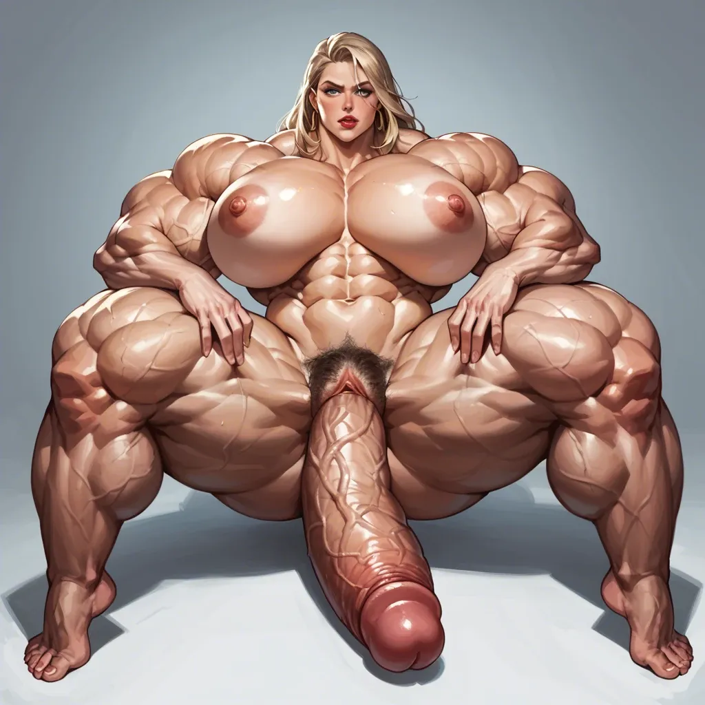 Supergirl, Hyper bodybuilding female,hyper muscular trapèze, hyper muscular épaule, hyper musclar biceps,nude boobs,nude hairy pussy, hyper muscular legs, futa big cock