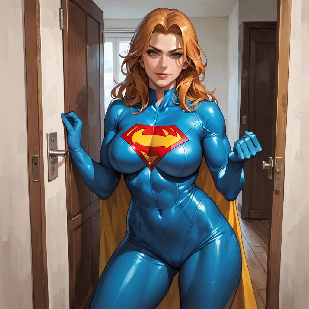 Matsumoto Rangiku, thick thighs and body, big boobs, Jean Grey superhero costume, standing at the door, seductive smirk, front view