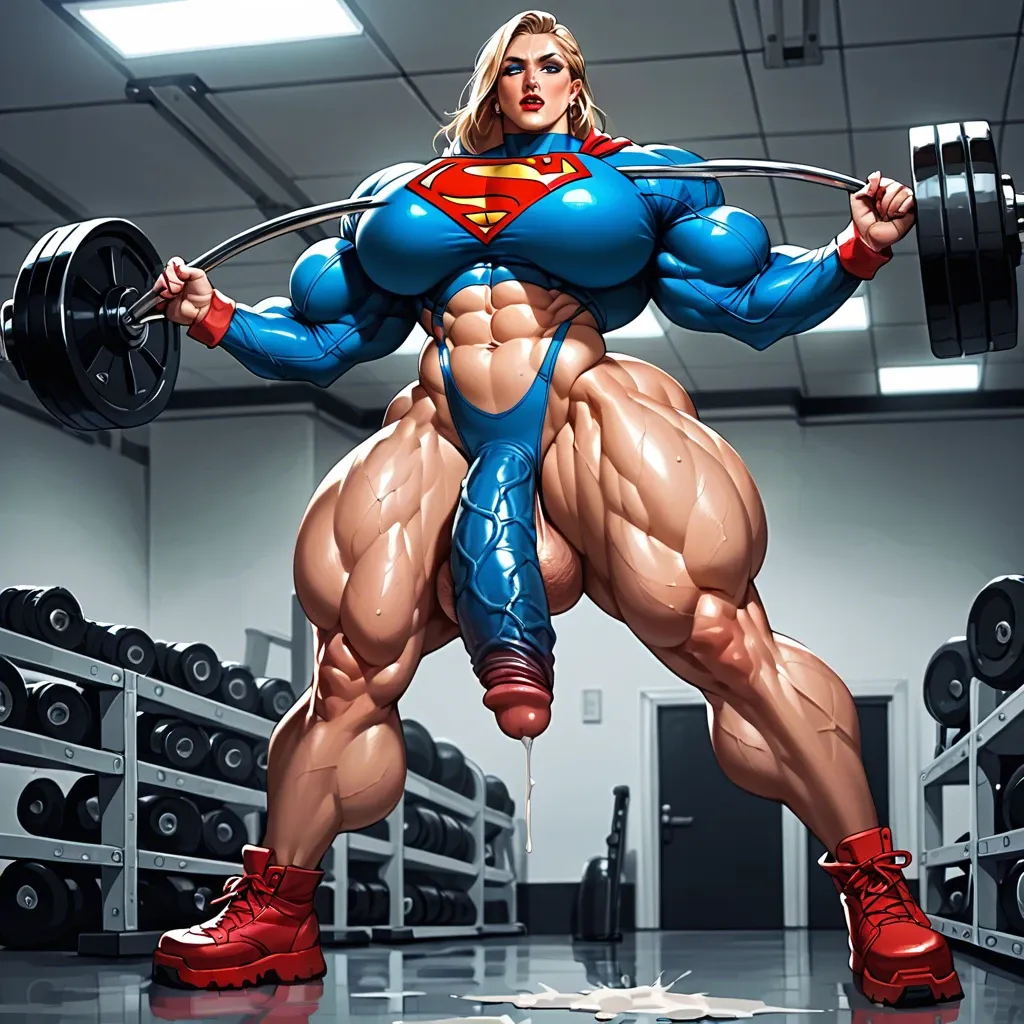 Supergirl, Hyper bodybuilding female,hyper muscular trapèze, hyper muscular épaule, hyper musclar biceps, boobs, hyper muscular legs, futa big cock, porte jarretelle latex, club de strip-tease