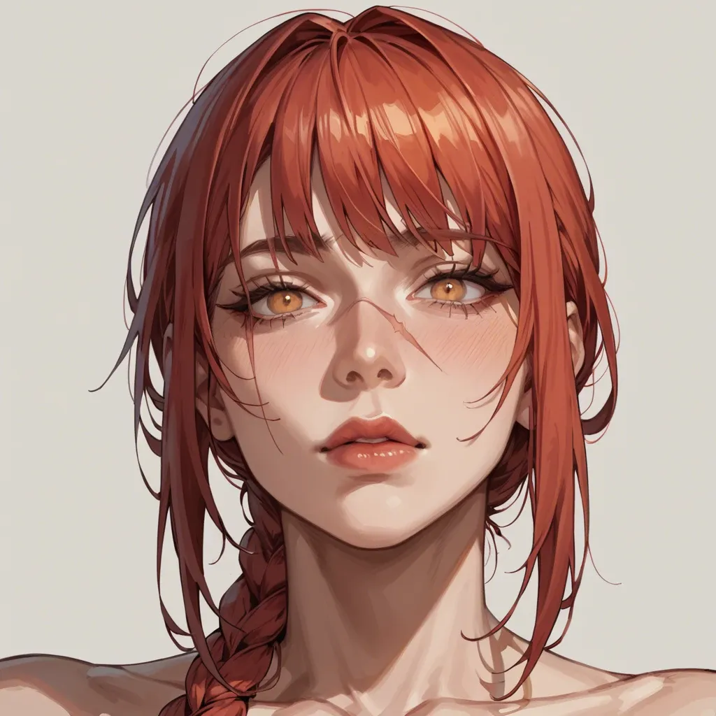 Makima Delicate face with fair skin, Intense amber eyes with fine rings around the iris., Long red hair, tied in a braid, Bangs slightly parted in the middle, framing the face., Expression ,Scar on the face,