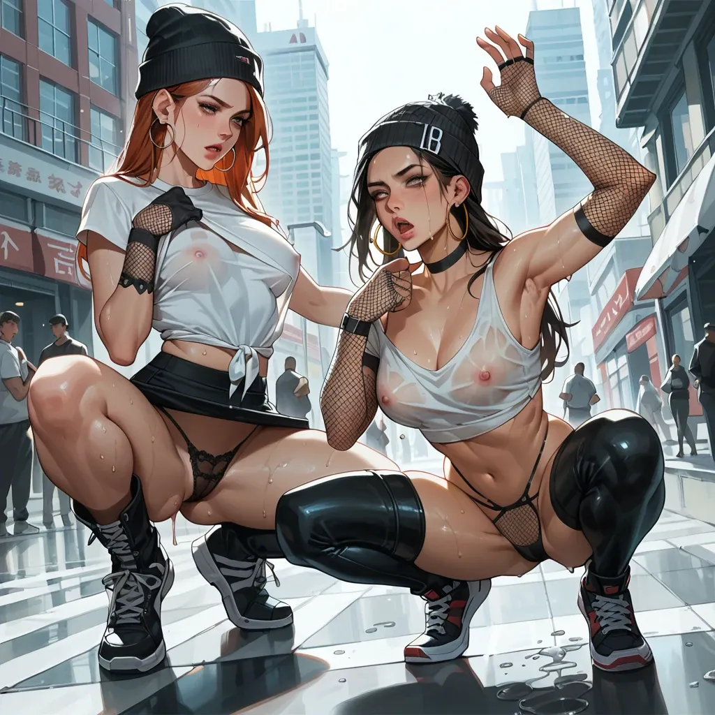 2girl, , , , crouching,arm up,round boobs,city background,kneeling female, lifting shirt,lace stockings,beanie,wet panties,sneakers, downblouse,fishnet gloves,hoop earrings,black thong,thigh boots, bare ass, subway, cyberpunk, anime artwork, sunlight, linked, spider-gwen