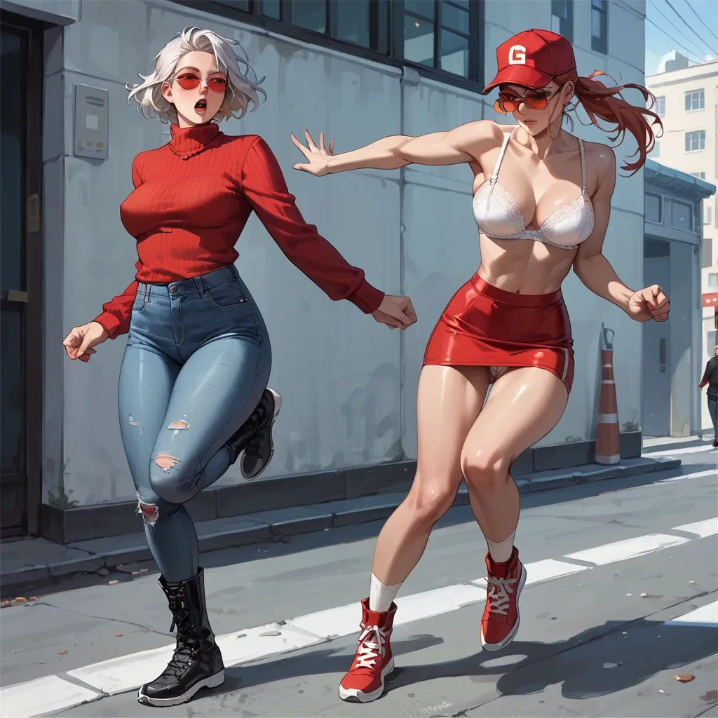 2girl, , , , nose blush,love handles,erect nipples,hip bones,knee up, red sweater,lace,garrison cap,lace panties,knee boots, tight jeans,white lace,red sunglasses,mini skirt bra,running shoes, kitchen, daphne blake, cyberpunk, bent over table, bench, illustration, bright light, linked, elsa, ariel waifu