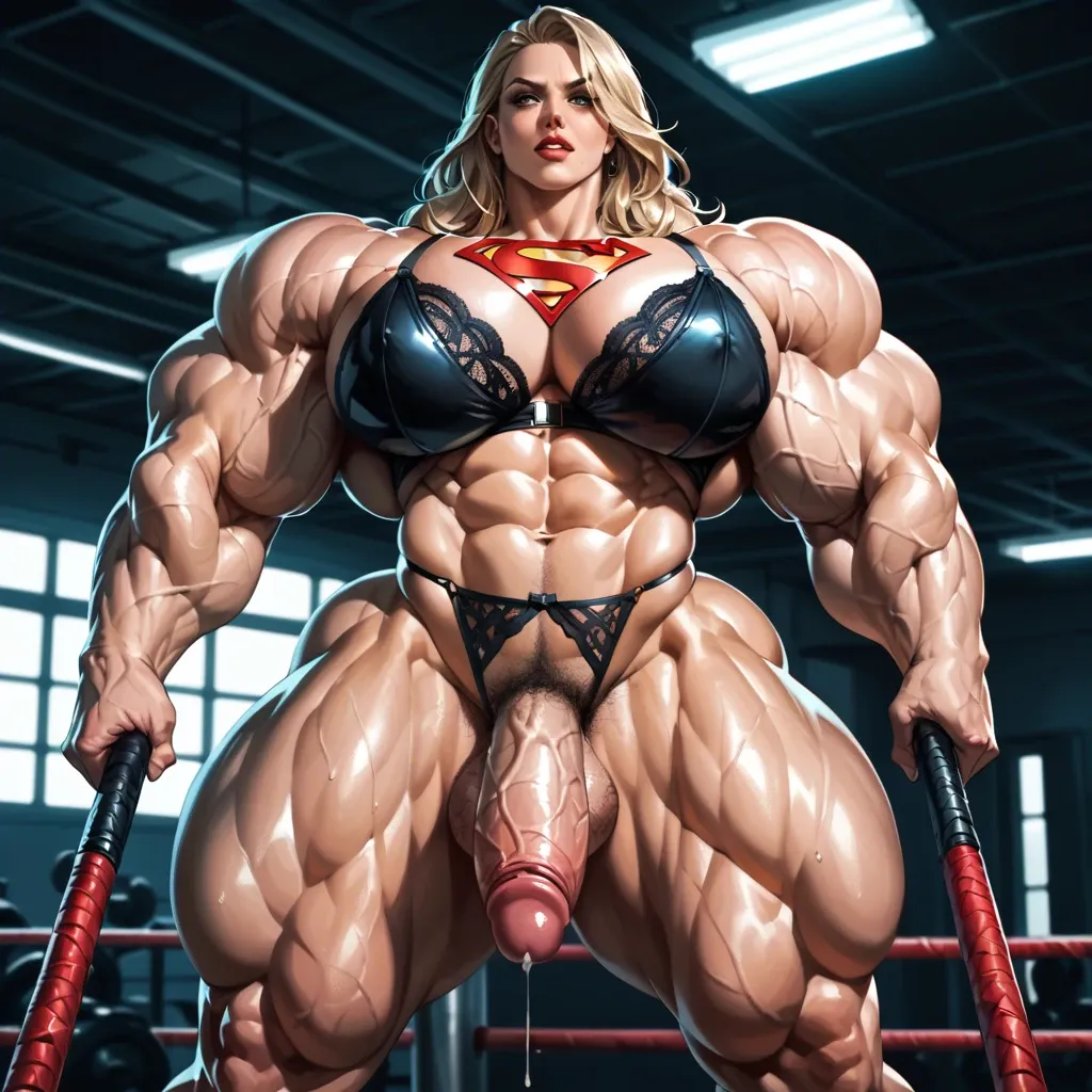 Supergirl, Hyper bodybuilding female,hyper muscular trapèze, hyper muscular épaule, hyper musclar biceps, boobs,hairy pussy, hyper muscular legs, futa big cock, lingerie latex, club de strip-tease