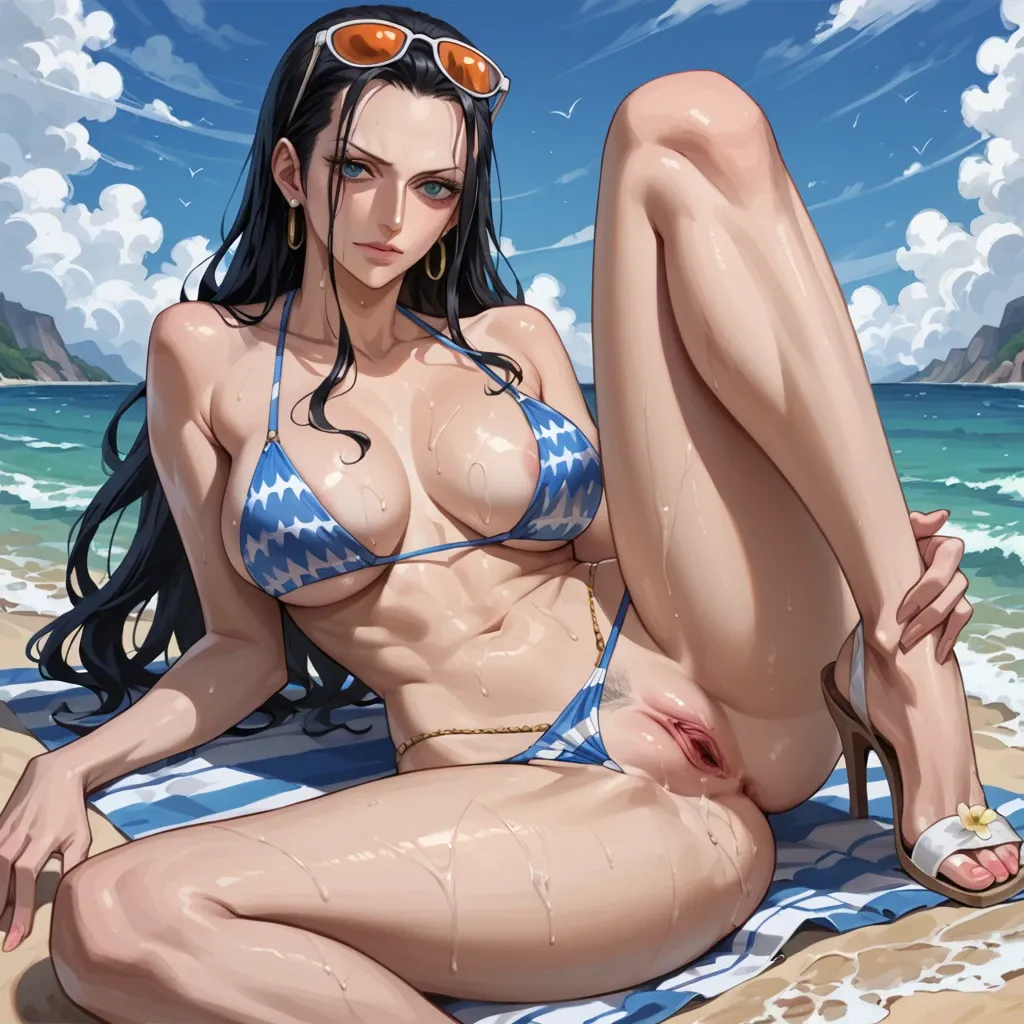 Nico Robin from One Piece shows you her pink pussy from under her bikini on the beach without anyone seeing her