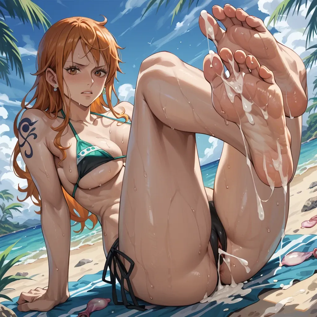 nami (one piece), wearing black bikini, cum coming out of bikini,sweat, feet focus,used condom on feet,