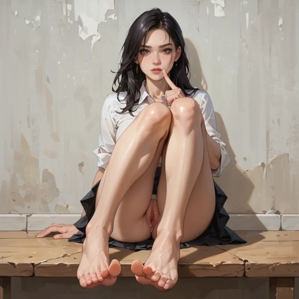 (masterpiece), best quality, perfect face, black hair, sexy, cute, not naked girl in skirt showing and pointing at her cute feets, footfetish pose sitting, pussy is hidden in panties and doesn’t showed up, big hips, cute feet’s above head very close to the screen