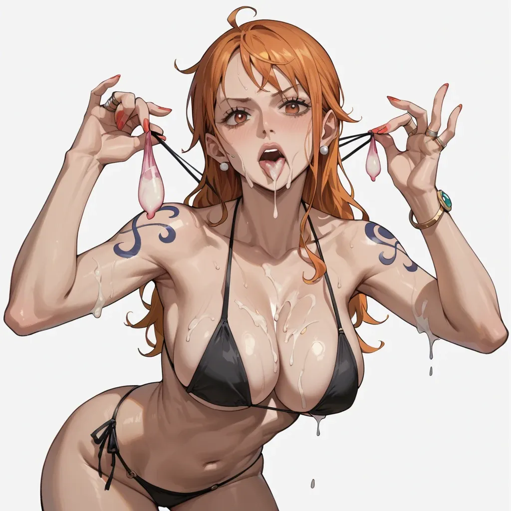 nami from one piece,standing, black bikini, holding a used condom on the side of her face, lots of cum on her face and face, engagement ring, used condom in her mouth