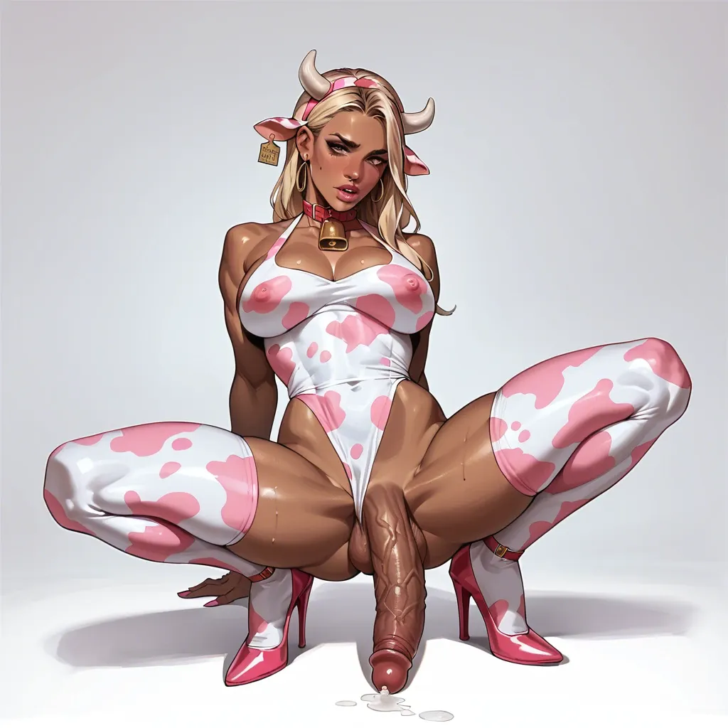 Black skin, blonde hair, futanari, huge boobs, pink cow outfit , huge cock, precum, pink heels