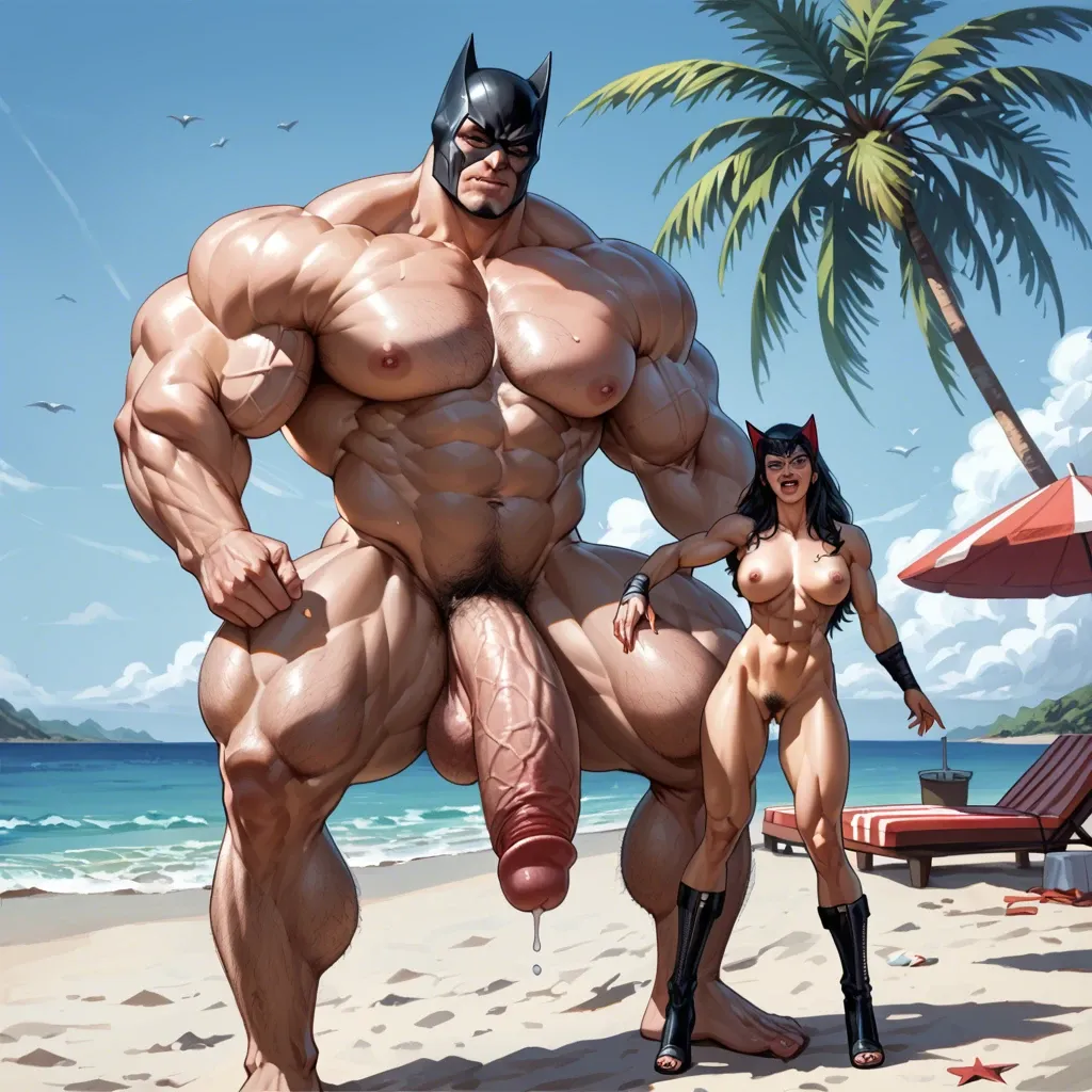 Batwoman, Hyper bodybuilding female,hyper muscular trapèze, hyper muscular épaule, hyper musclar biceps,nude boobs,nude hairy pussy, hyper muscular legs, man fuck futa huge cock, beach