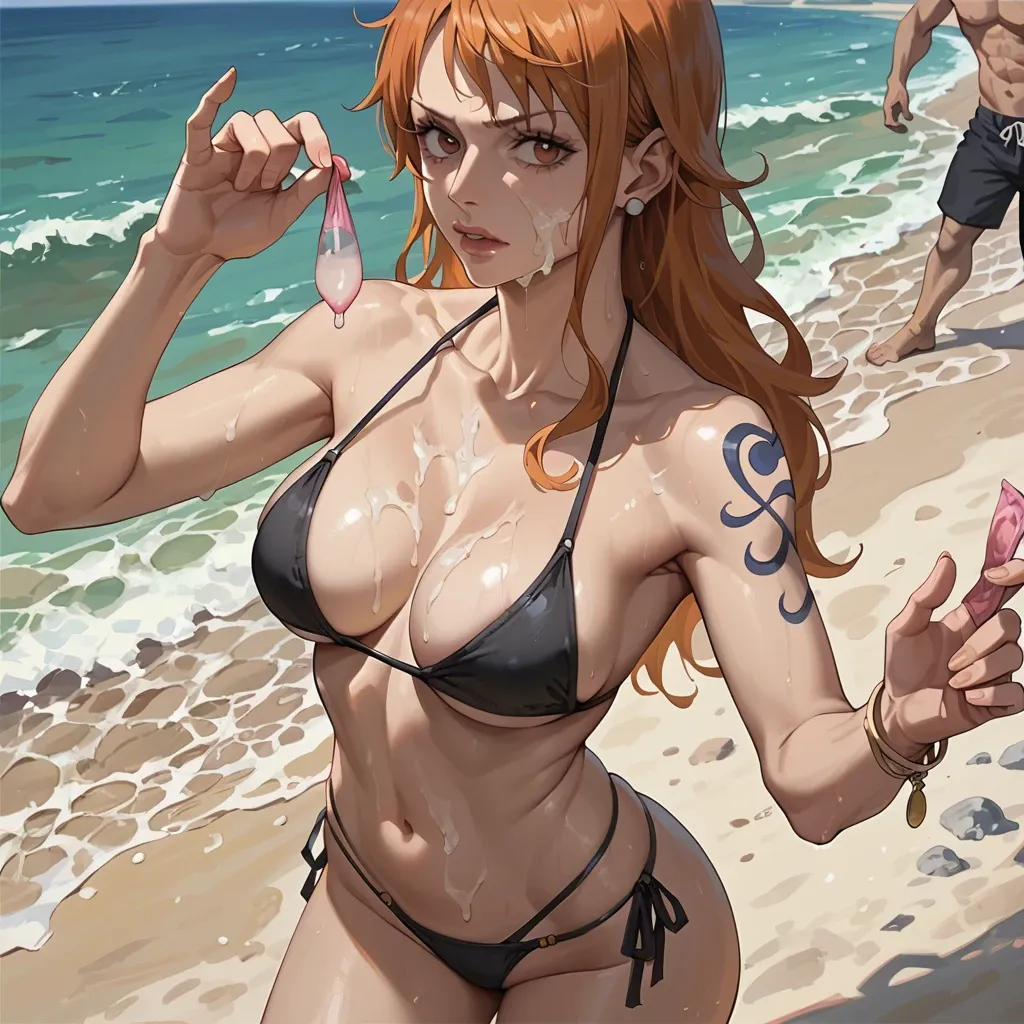 nami from one piece, standing on the beach, black bikini, holding a used condom on the side of her face, lots of cum on her face and on her face