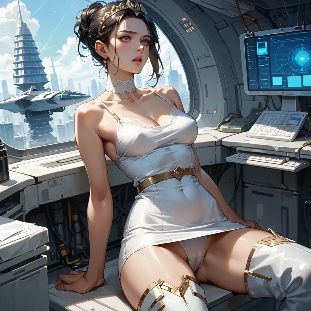 1girl, , , , high cheekbones,camisole,defined nipples,clenched waist,blue turtleneck, office dress,lace choker,gold tiara,white swimsuit,knee boots, bare chest, spaceship,yor,forger