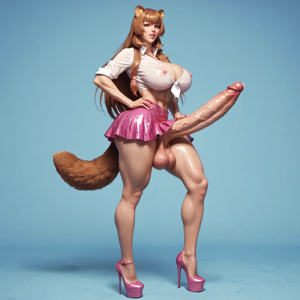 Raphtalia, pink glitter skirt, pink skirt, pink heels, huge boobs, oiled, bimbo, futanari, huge cock, hard cock , precum