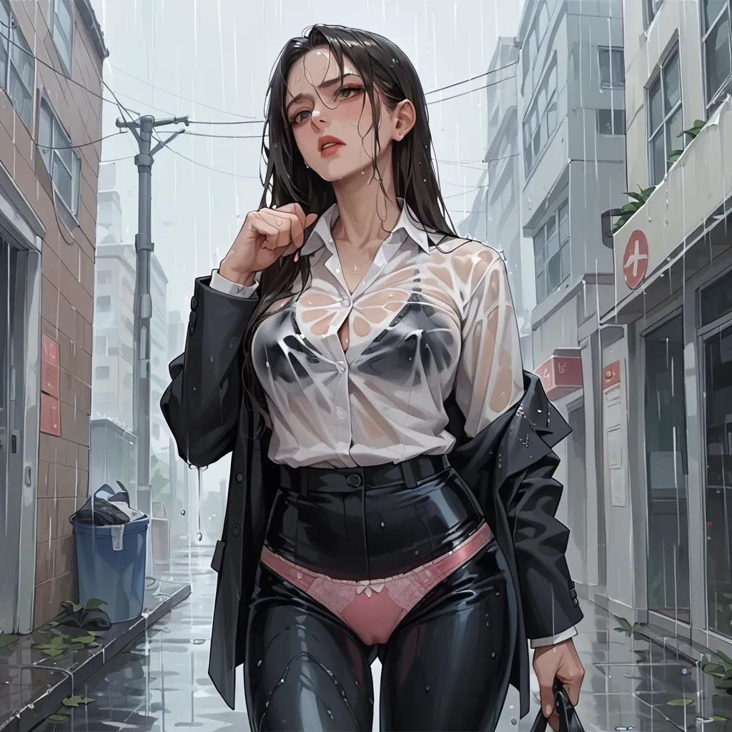 1girl,solo,office suit,white shirt, black blazer, black pants,in the rain,wet shirt,wet pants,pink underwear