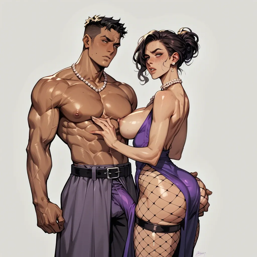 1girl,1boy, , , , freckled breast,fishnet thighs,show nipple,ass grab,purple necklace, freckled face,tied hands,nipple exposed,tight abs,tanned skin, long dress,pearl necklace,suspender belt,print panties,brown boots, glass shower, depth of field, cyberpunk, big dildo, lara croft, spider-gwen, reinhardt