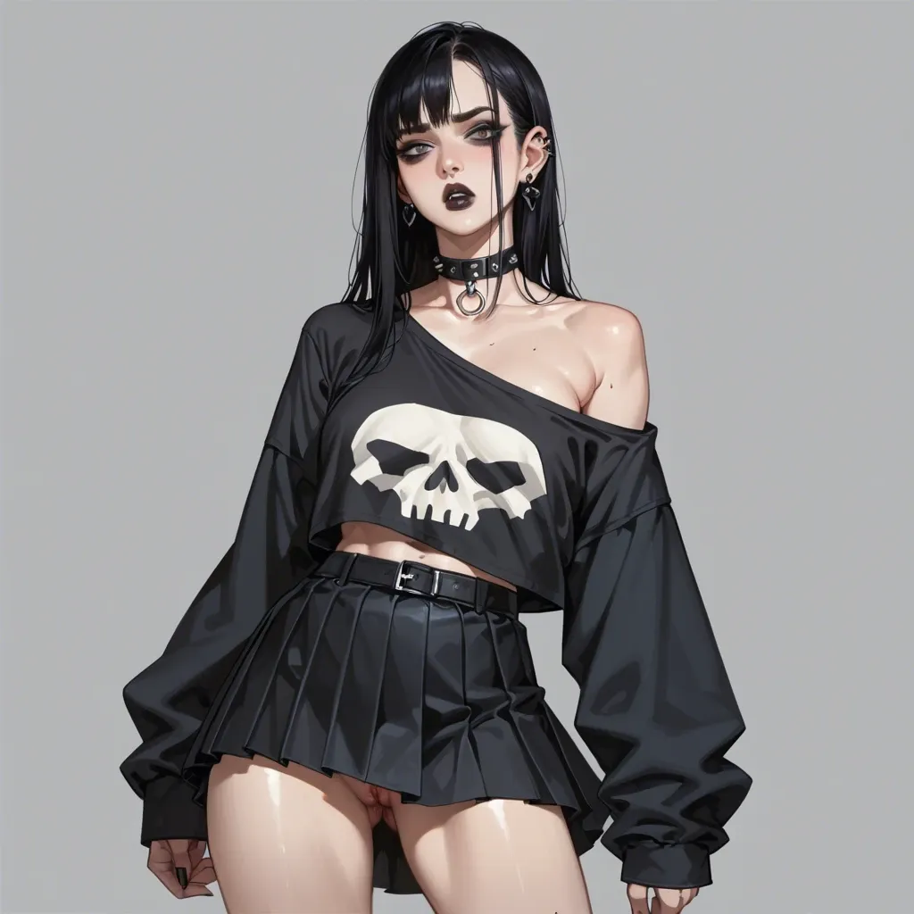 blond goth girl seethrough oversized shirt showing tits and skirt