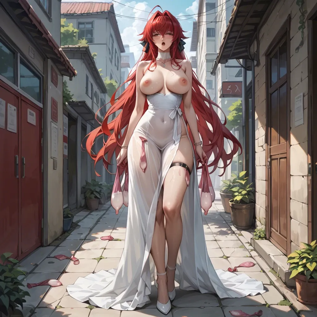 Rias Gremory from High School DxD stands in a long skirt that covers her knees and talks to her friends and no one knows that there are used condoms tied to her thighs.