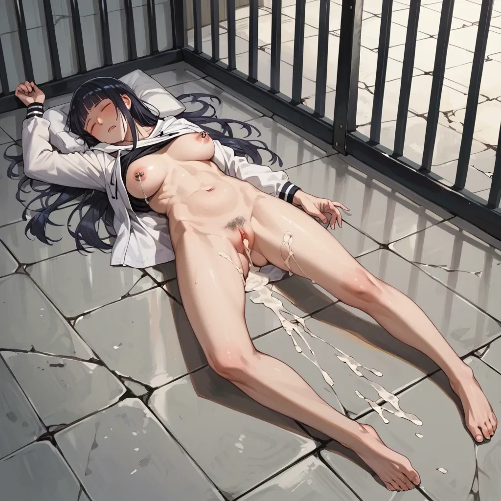 Hinata hyuuga   in jail , cum dripping from pussy , loose pussy , pierced nipples,  dud, She fainted, sleeping on the floor, full Body covered in semen, very large amount of semen