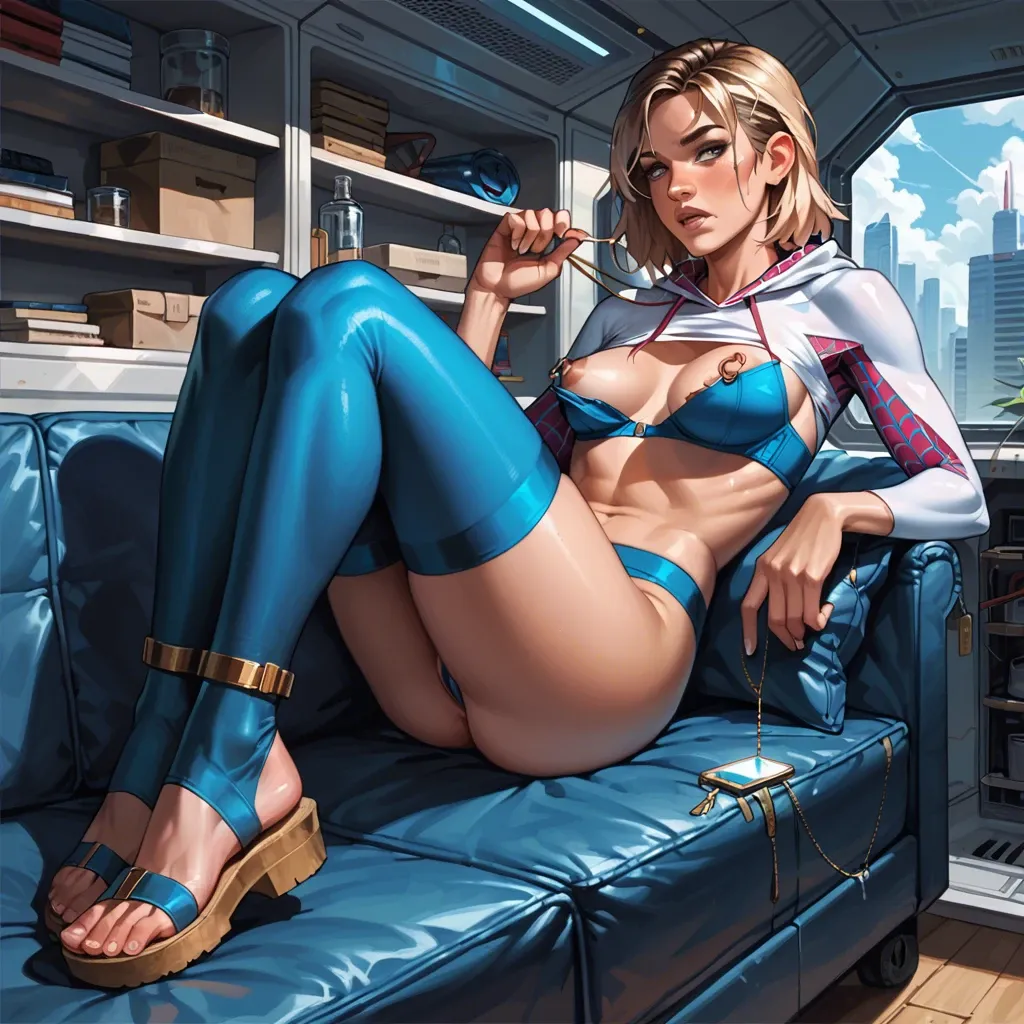 1girl,solo, , , , catching,handles,nipple ring,pec,shoulder, shirt torn off,blue stockings,gold jewelry,pulled bra,sandals, sit on a couch, sparkling, spaceship, shelf, lara croft, spider-gwen, ariel waifu, touching cock