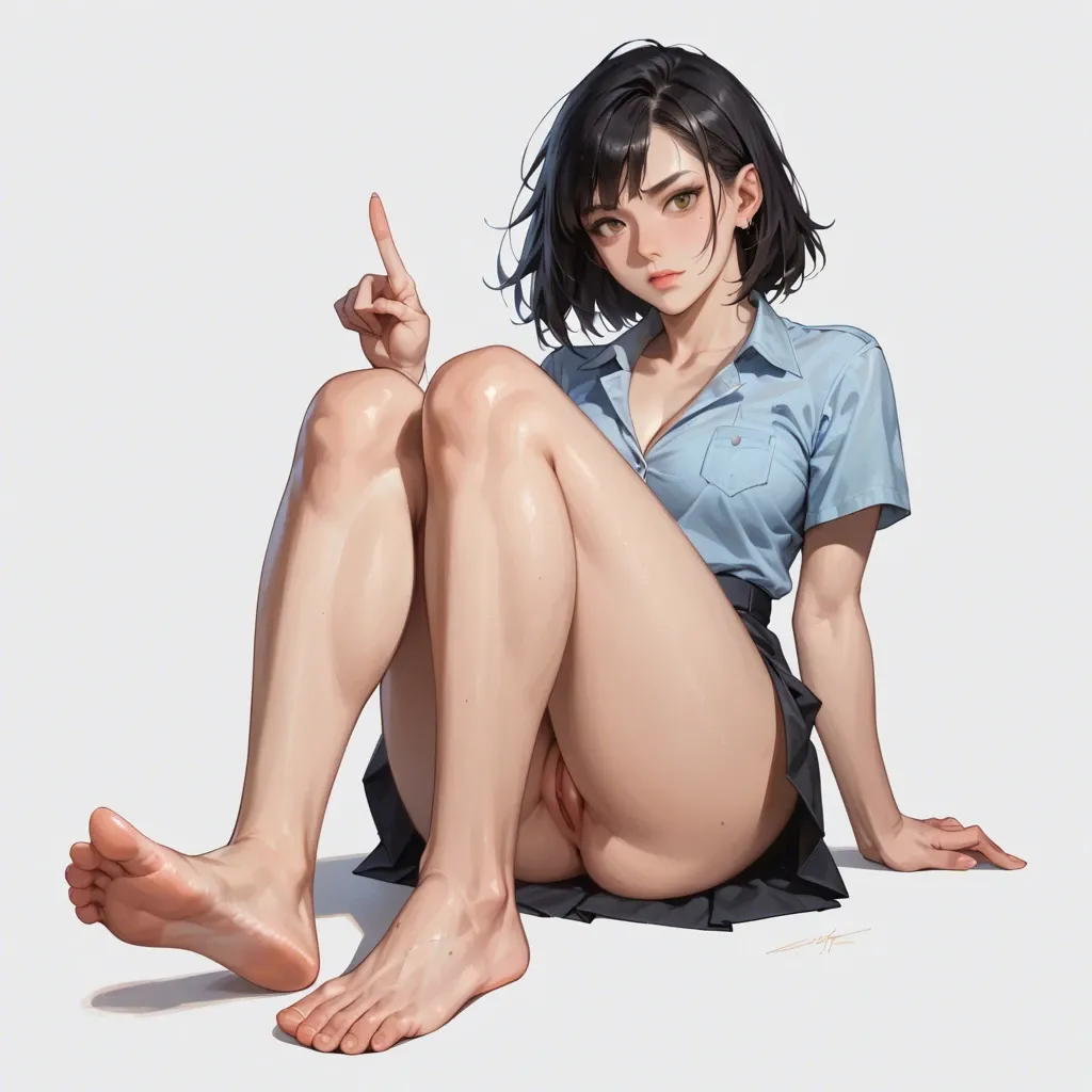 (masterpiece), best quality, perfect face, black hair, sexy, cute, not naked girl in skirt showing and pointing at her cute feets, footfetish pose sitting, pussy is hidden in panties and doesn’t showed up, big hips, cute feet’s very close to the screen