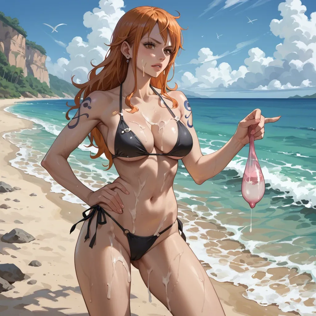 nami from one piece, standing on the beach, black bikini, holding a used condom on the side of her face, lots of cum on her face and on her face