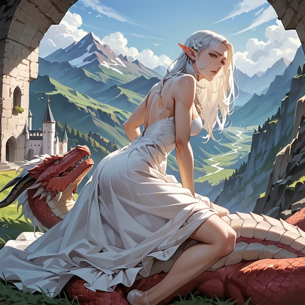 elf, ride a dragon on back, castle background, white hair, mountains, on dress