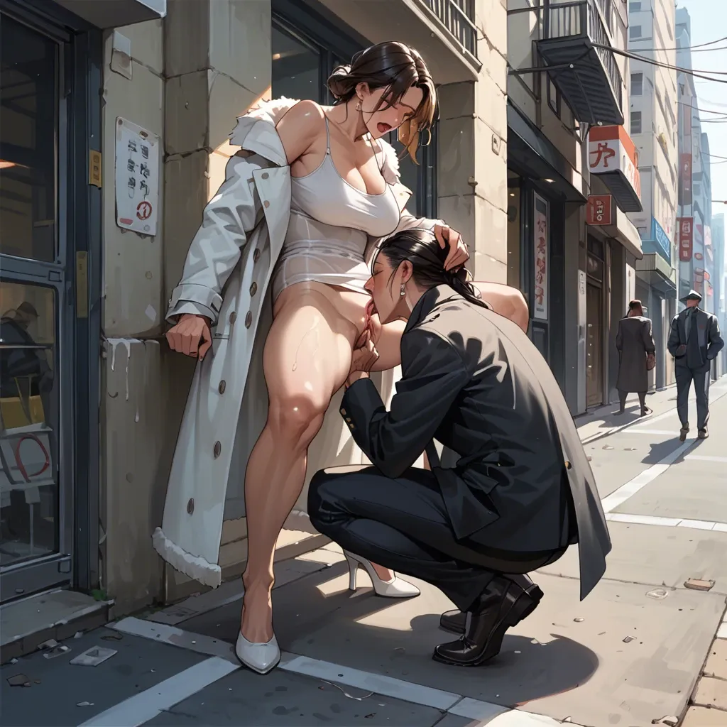 street, anime, milf, squatting, cunnilingus, orgasm, 2 women, coat, squirt