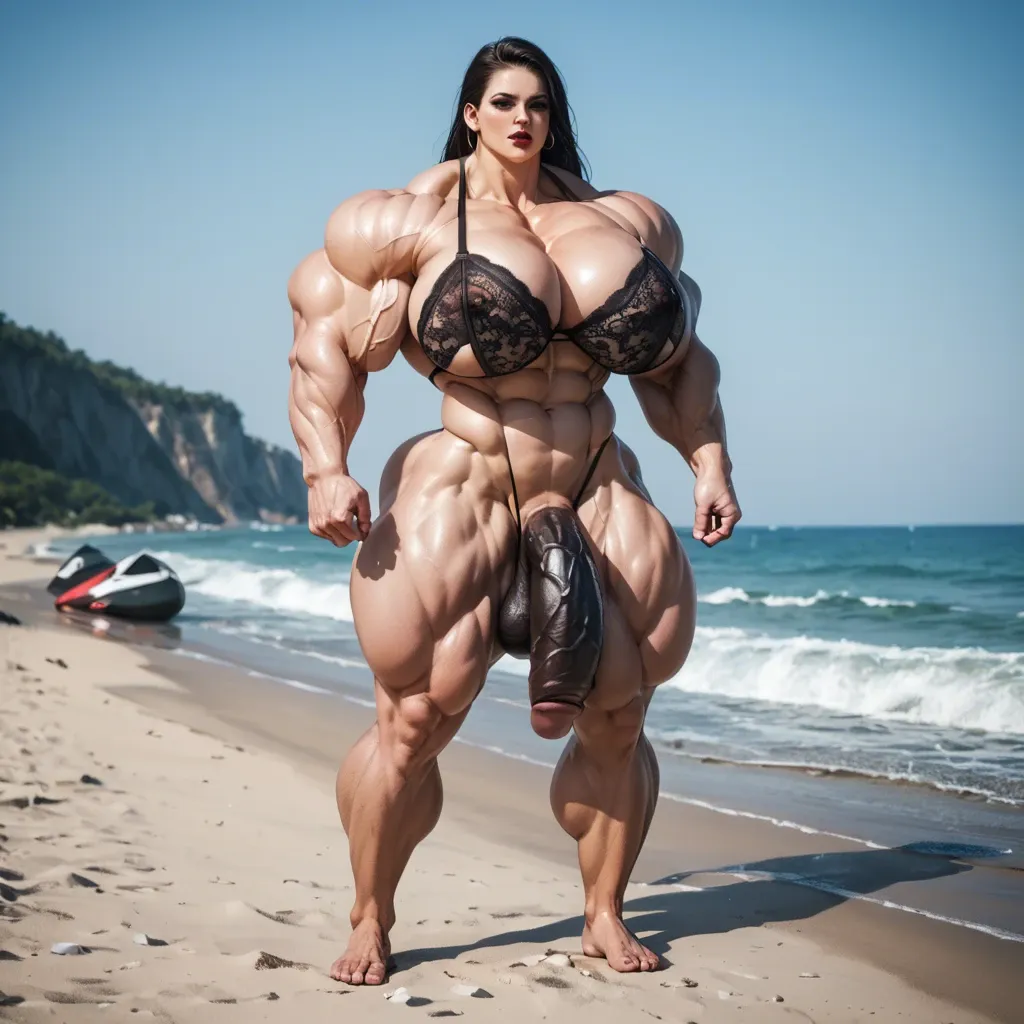 Powergril, Hyper bodybuilding female,hyper muscular trapèze, hyper muscular épaule, hyper musclar biceps,nude boobs, hyper muscular legs, lingerie latex, futa huge dick fuck, beach