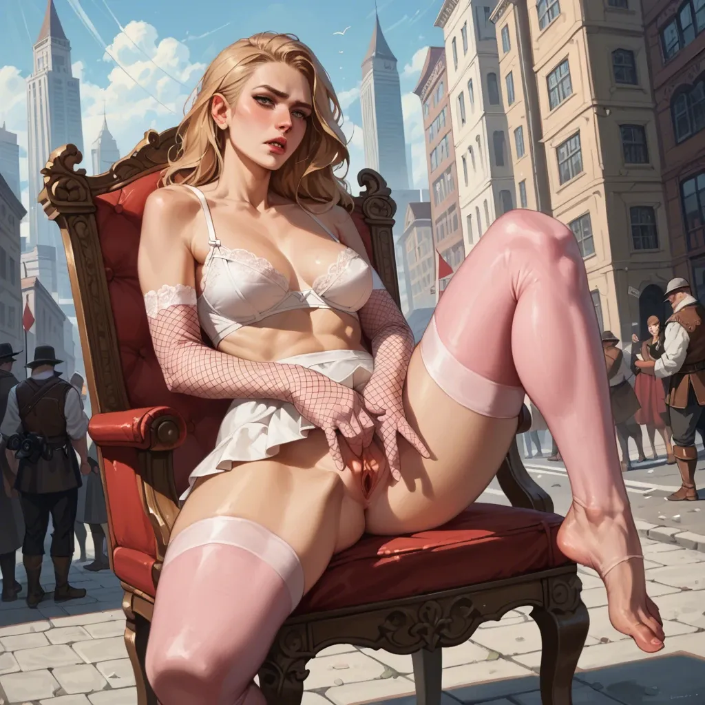 1girl,solo, , , , touching pussy,fingering,huge boobs,wide hips,one knee up, micro skirt,pink stockings,fishnet gloves,white lingerie,knee boots, barefoot, new york city, medieval, chair, camera, zelda, anna, ariel waifu