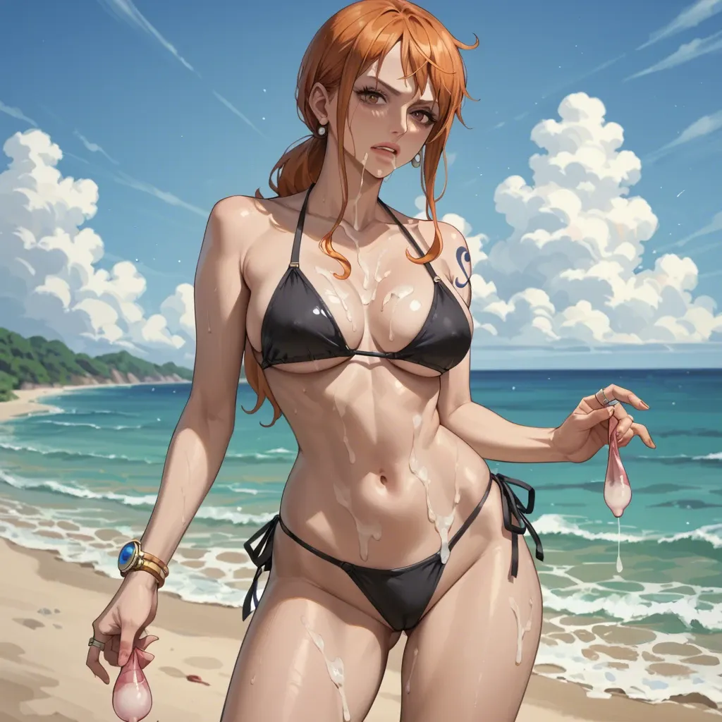 nami from one piece, standing on the beach, black bikini, holding a used condom on the side of her face, lots of cum on her face and on her face, engagement ring